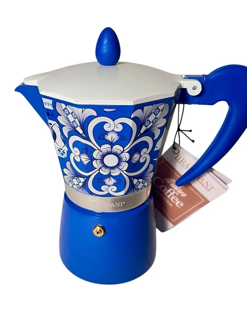 Brandani Italian Coffee Maker Moka Pot Blue Majolica Aluminum 6 Cup Espresso NEW
